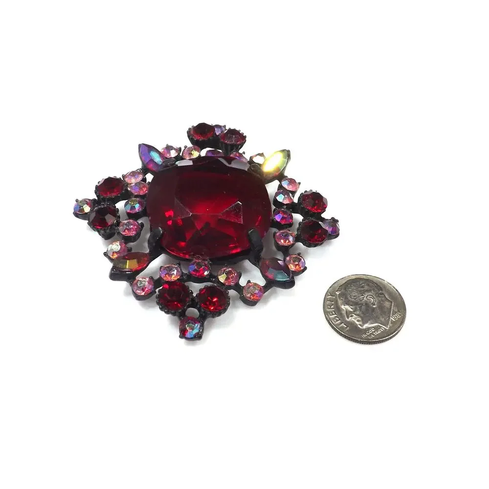 Red Large Rhinestone Aurora Borealis Brooch, Japanned Black Enamel 1970s Vintage